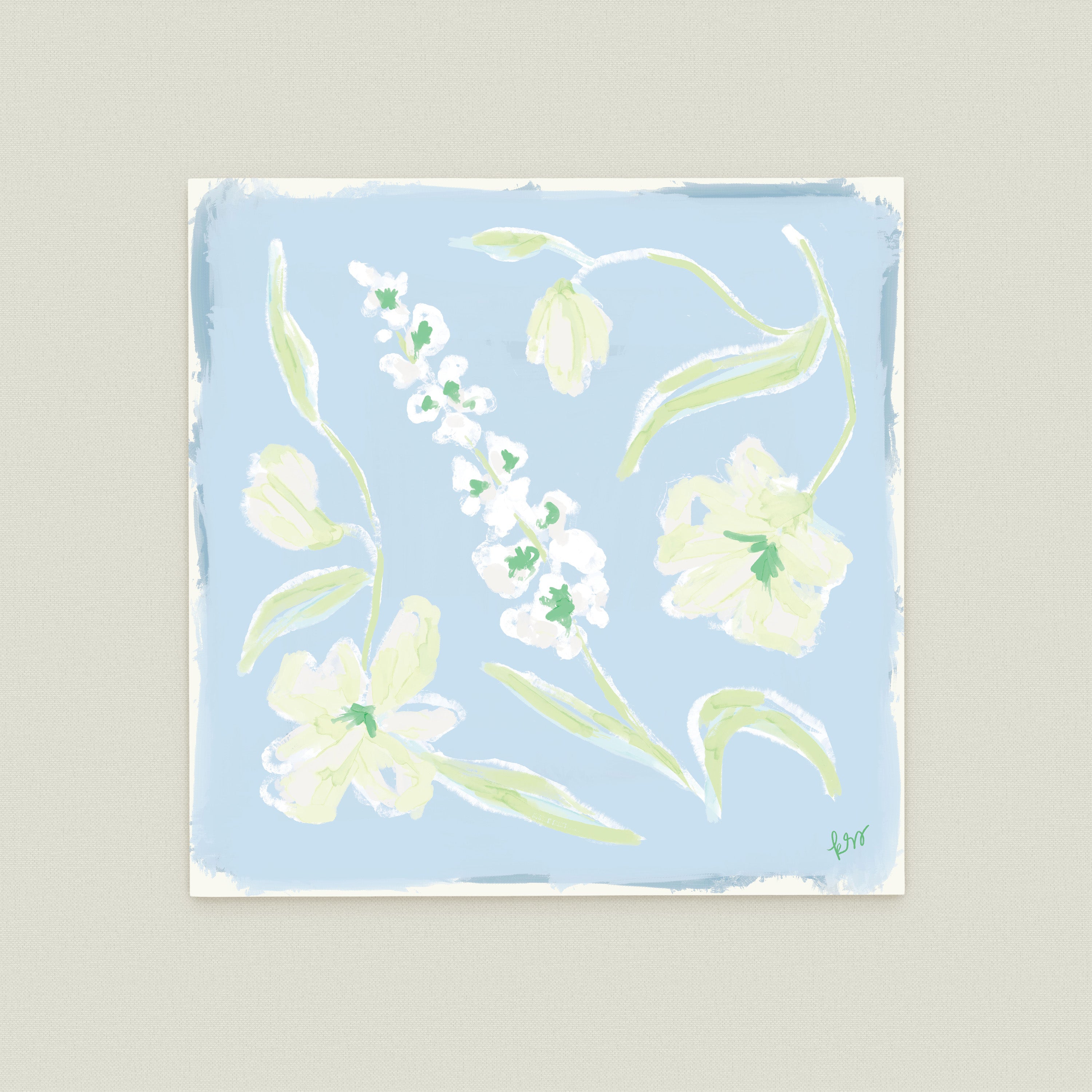 The image is a painting of various flowers in different poses and orientations, set against a light blue background.