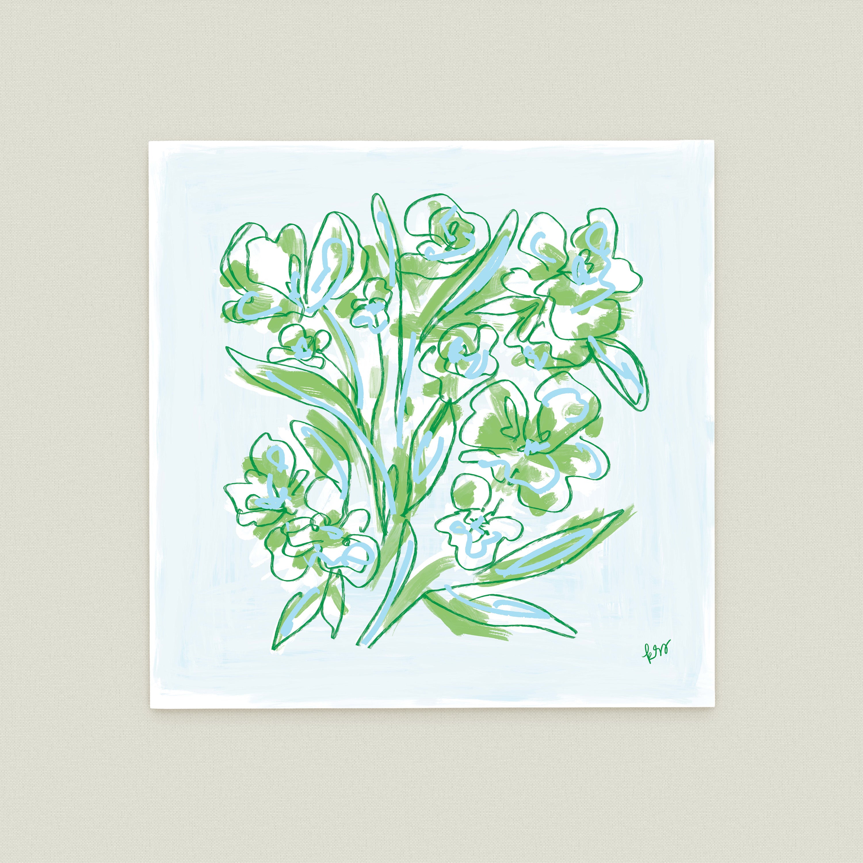 The image is a square-shaped illustration featuring a variety of green and white flowers and leaves.