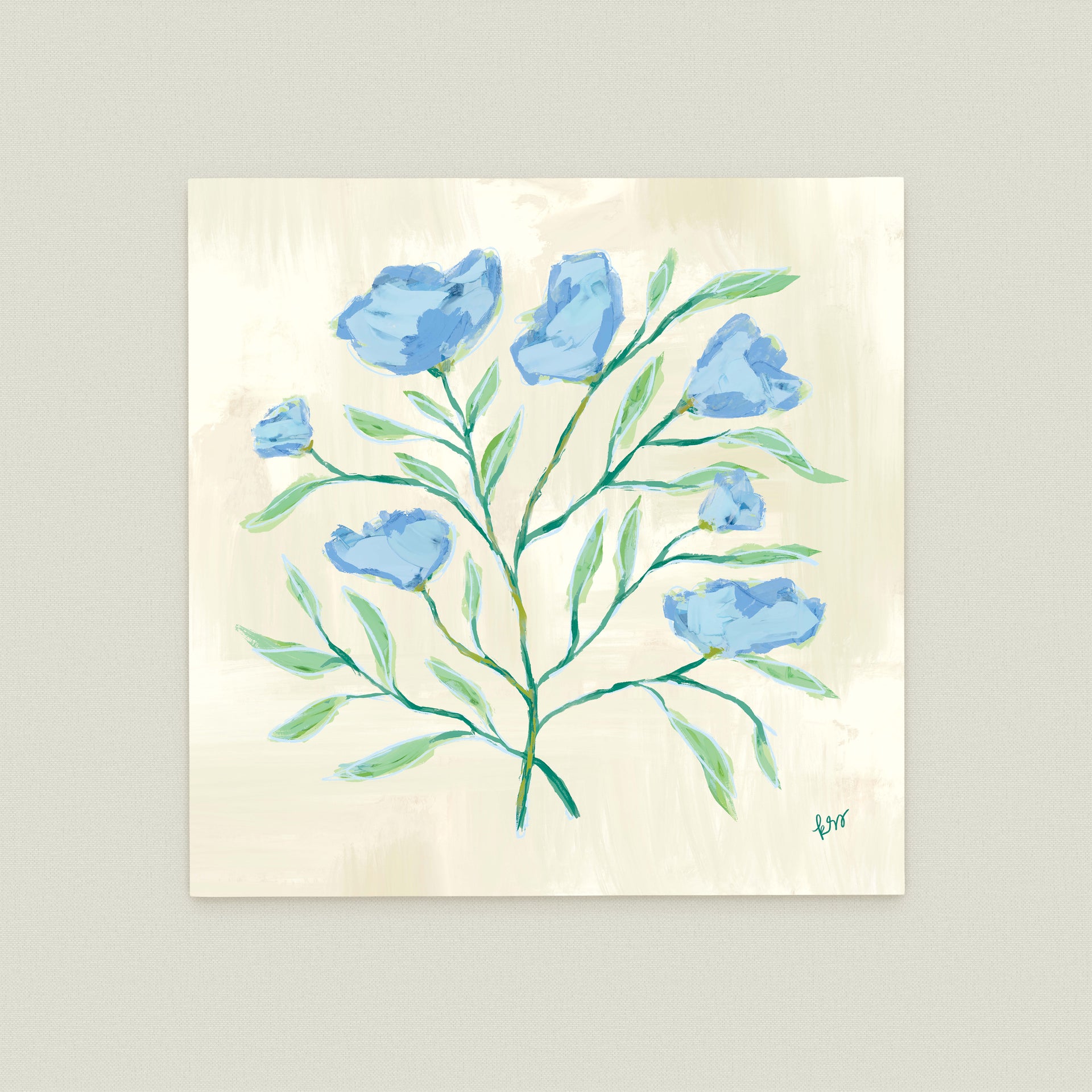 The image is a painting of a blue flower with green leaves, depicting a natural scene.