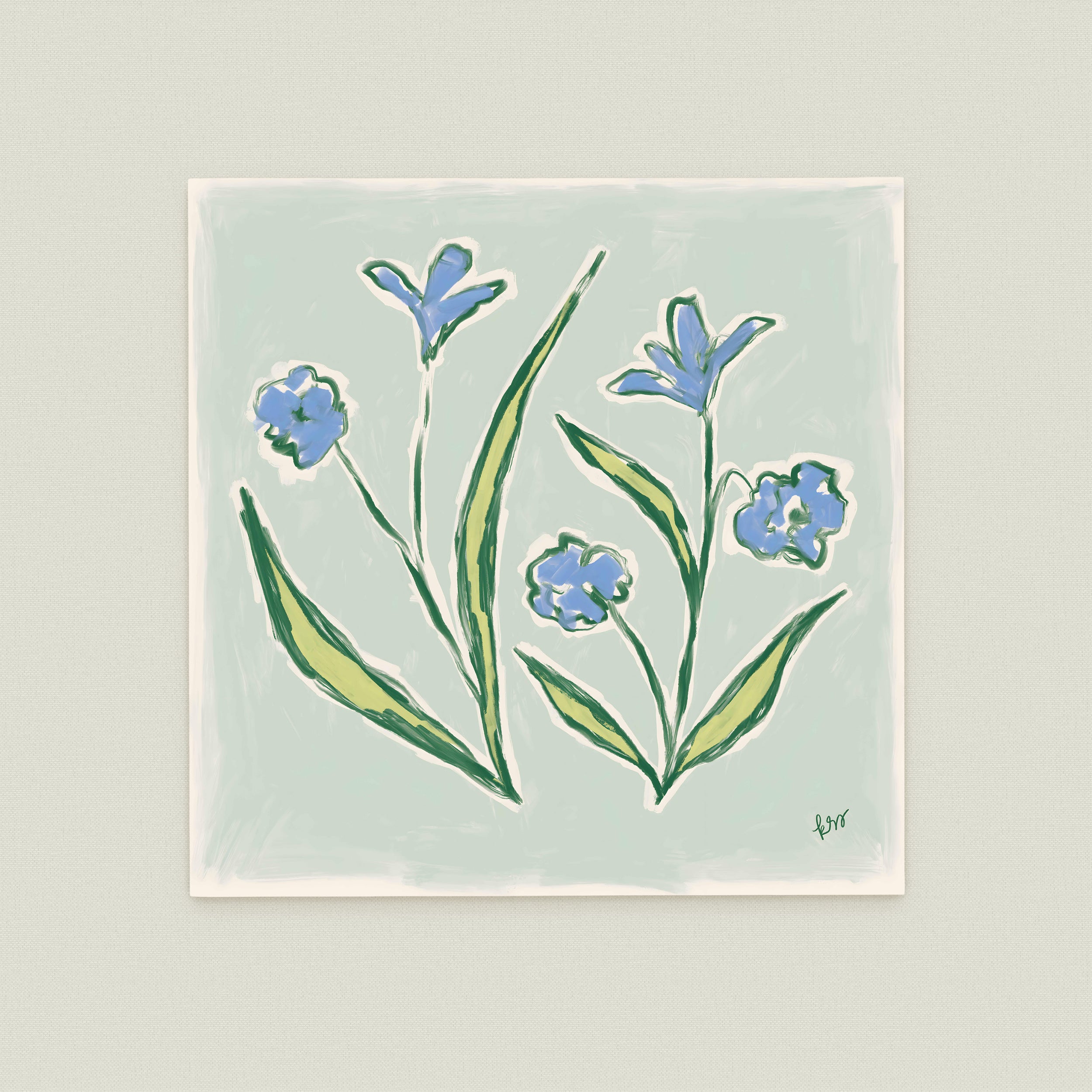 The image is a painting of blue flowers with green leaves, featuring a simple and stylized design.