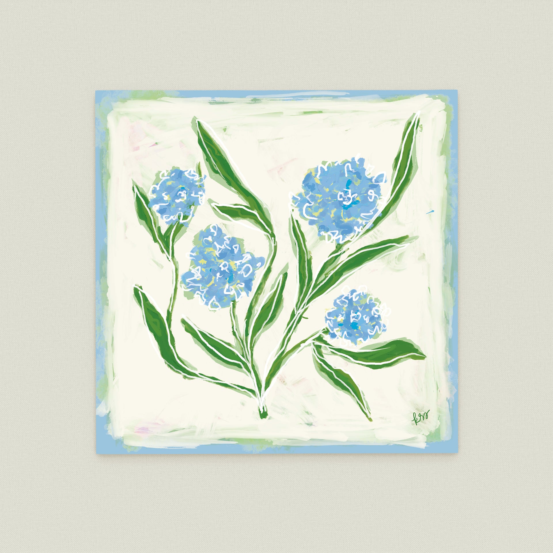 The image is a square painting featuring a stylized depiction of blue flowers with green leaves.