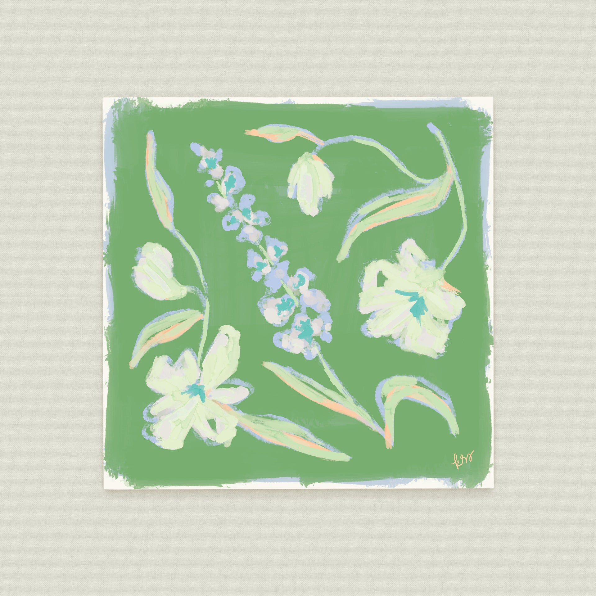 The image is a square-shaped painting featuring a variety of colorful flowers and leaves against a green background.