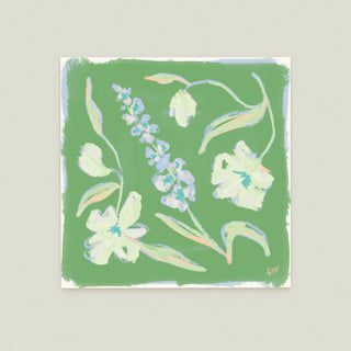 Garden Arrangement No. 14: a variety of colorful flowers and leaves against a green background.