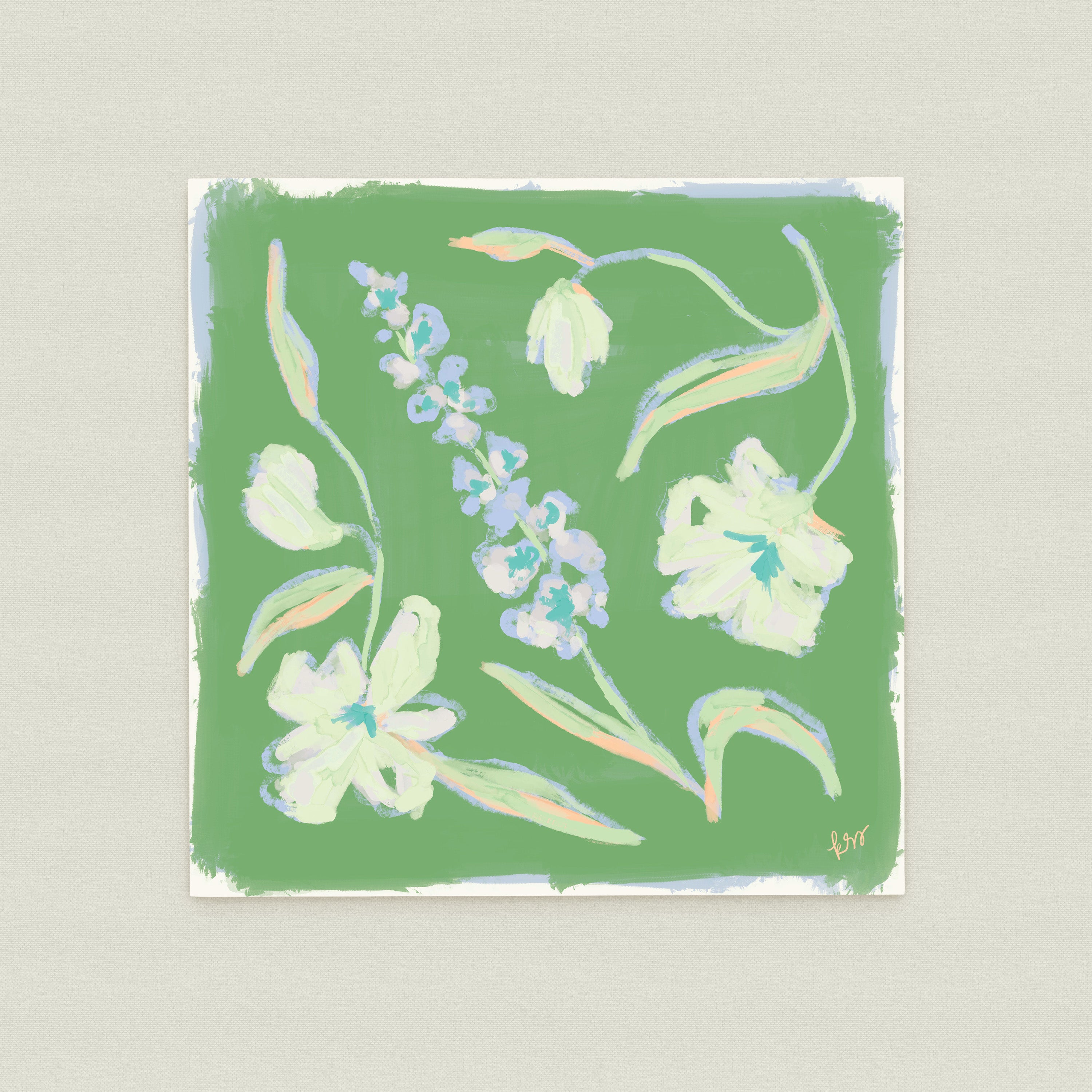 The image is a square-shaped painting featuring a variety of colorful flowers and leaves against a green background.