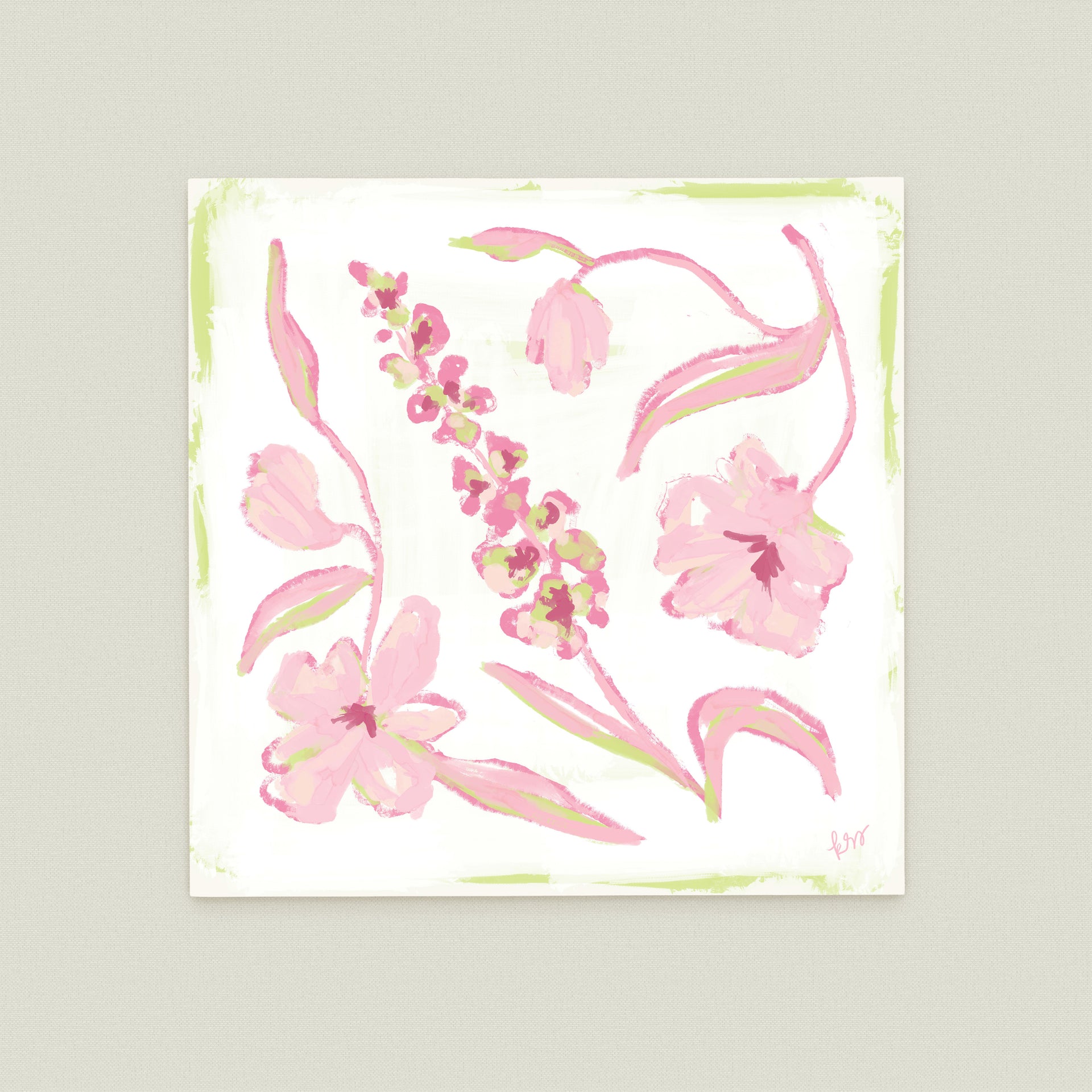The image is a square painting featuring various pink flowers and leaves in different poses and orientations.