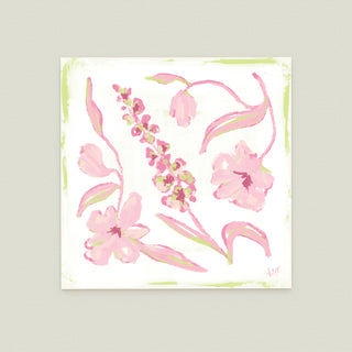 Garden Arrangement No. 9: various pink flowers and leaves in different poses and orientations.