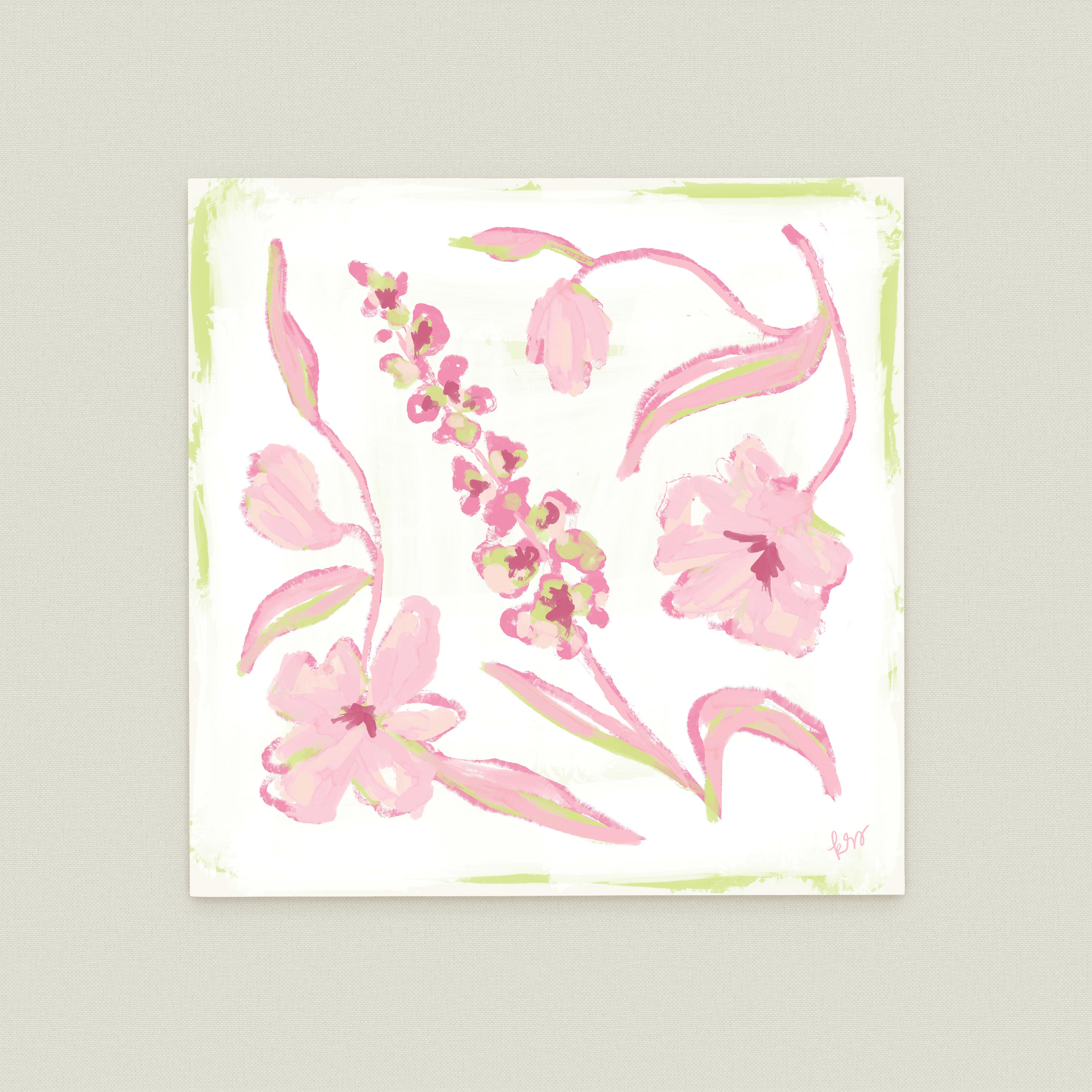 The image is a square painting featuring various pink flowers and leaves in different poses and orientations.
