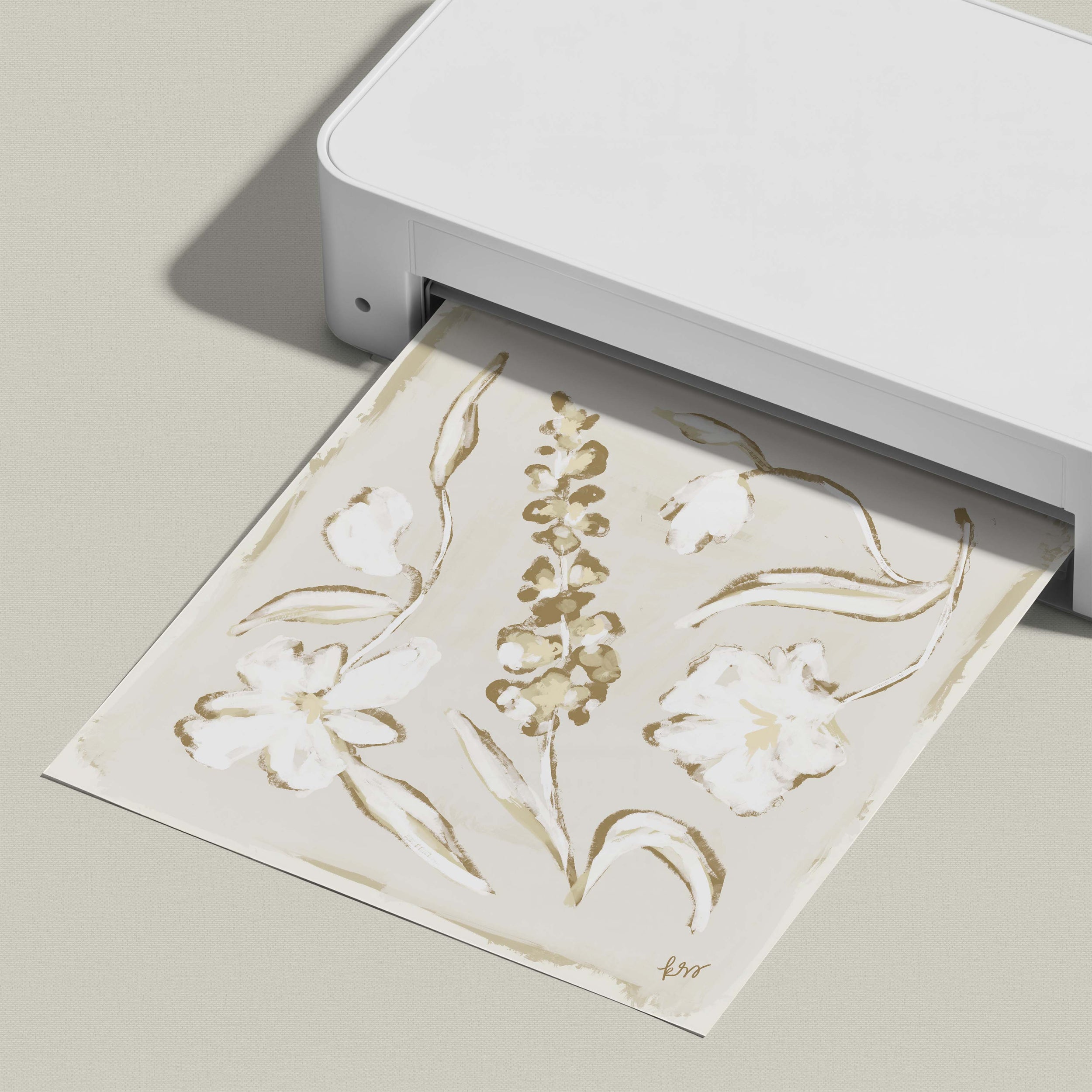 A white printer is shown in the image, with a printed paper featuring a floral design visible.
