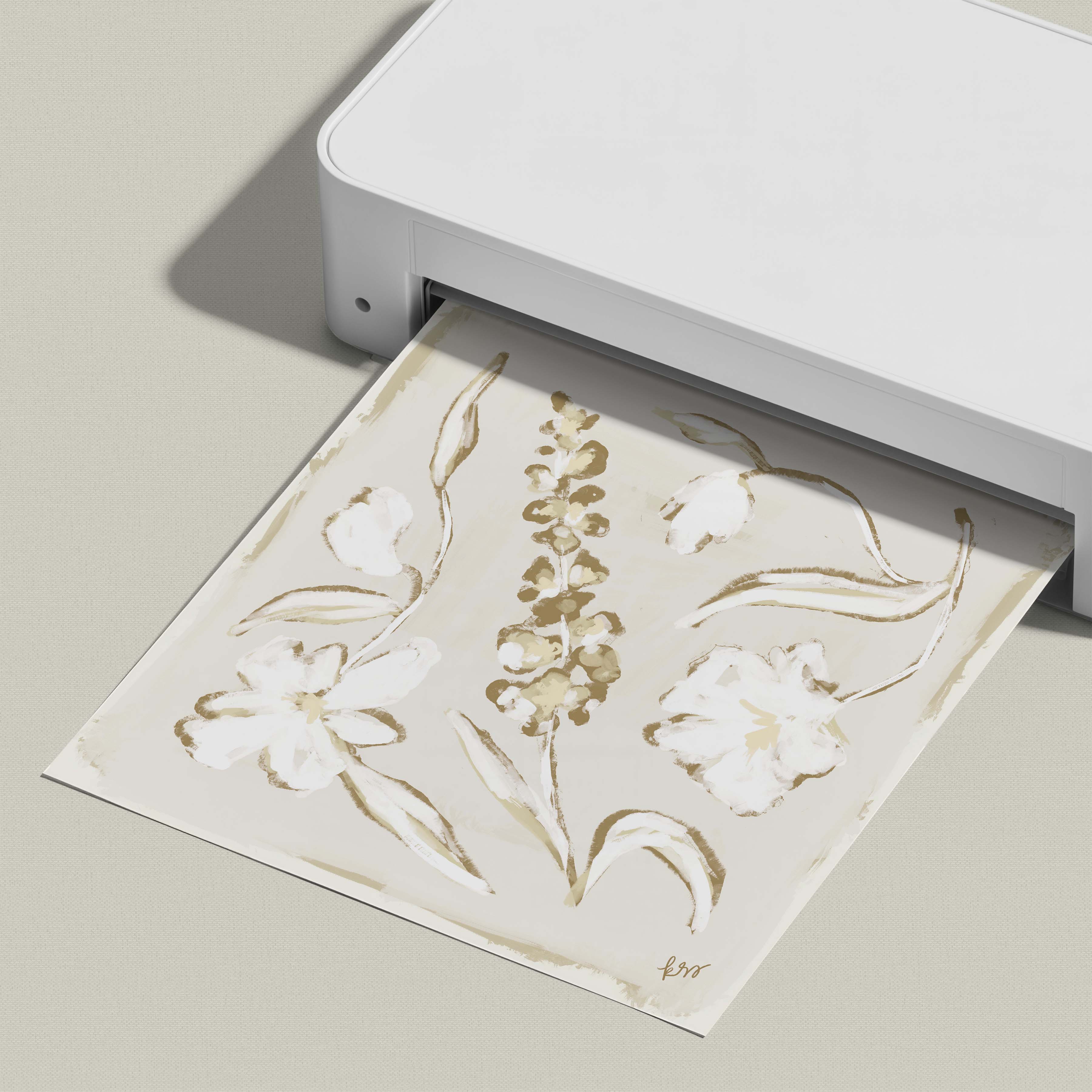 A white printer is shown in the image, with a printed paper featuring a floral design visible.